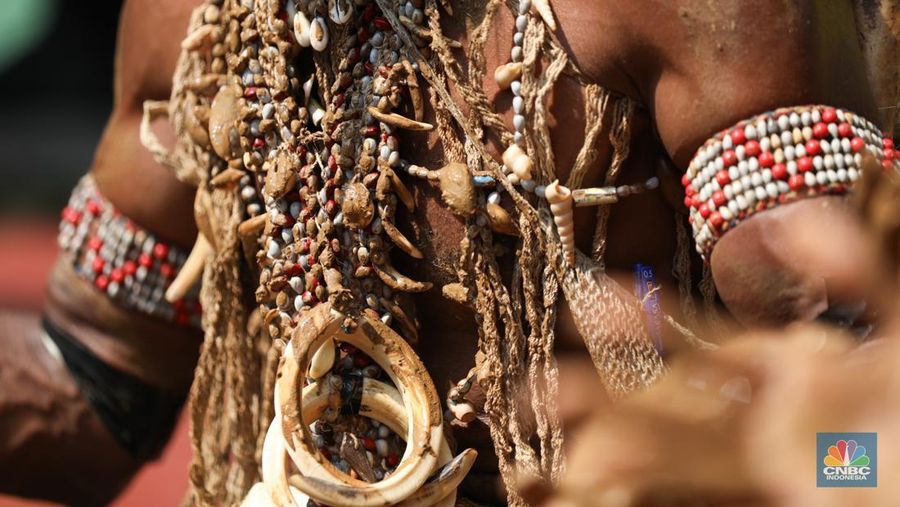 Perwakilan Suku Awyu dan Moi melakukan aksi damai di Mahkamah Agung (MA), Senin (27/5/2024). Aksi ini terkait hutan adat yang terancam punah. (CNBC Indonesia/Tri Susilo)