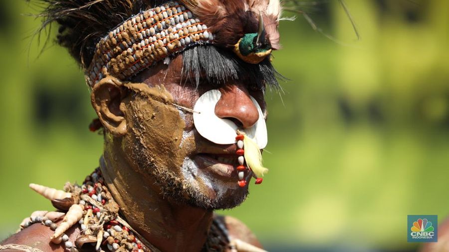 Perwakilan Suku Awyu dan Moi melakukan aksi damai di Mahkamah Agung (MA), Senin (27/5/2024). Aksi ini terkait hutan adat yang terancam punah. Perwakilan Suku Awyu dan Moi melakukan aksi damai di Mahkamah Agung (MA), Senin (27/5/2024). Aksi ini terkait hutan adat yang terancam punah. (CNBC Indonesia/Tri Susilo)