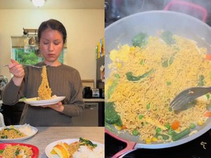 Viral! Bule Ini Makan Indomie Goreng Pakai Nasi dan Apel