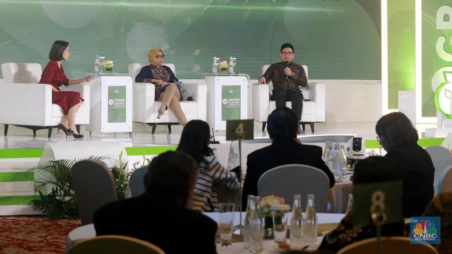 5. Direktur Pengawasan Keuangan Derivatif dan Bursa Karbon Otoritas Jasa Keuangan (OJK), Lufaldy Ernanda menyampaikan pemaparan dalam acara Green Economic Forum 2024 di Jakarta, Rabu (29/5/2024). (CNBC Indonesia/Muhammad Sabki)