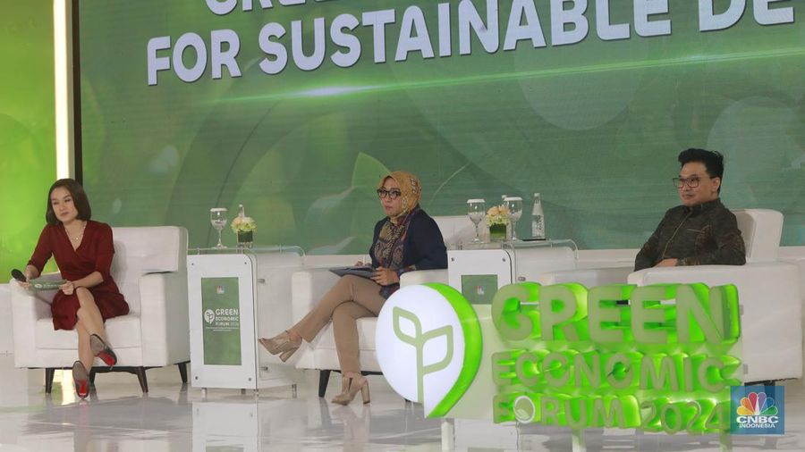 Direktur Jenderal EBTKE Kementerian ESDM, Eniya Listiani Dewi menyampaikan pemaparan dalam acara Green Economic Forum 2024 di Jakarta, Rabu (29/5/2024). (CNBC Indonesia/Muhammad Sabki)