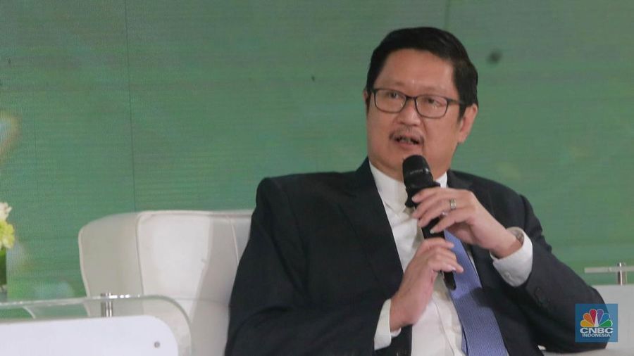 Direktur Utama PT Trimegah Bangun Persada (Harita Nickel), Roy Arman Arfandy menyampaikan pemaparan dalam acara Green Economic Forum 2024 di Jakarta, Rabu (29/5/2024). (CNBC Indonesia/Muhammad Sabki)