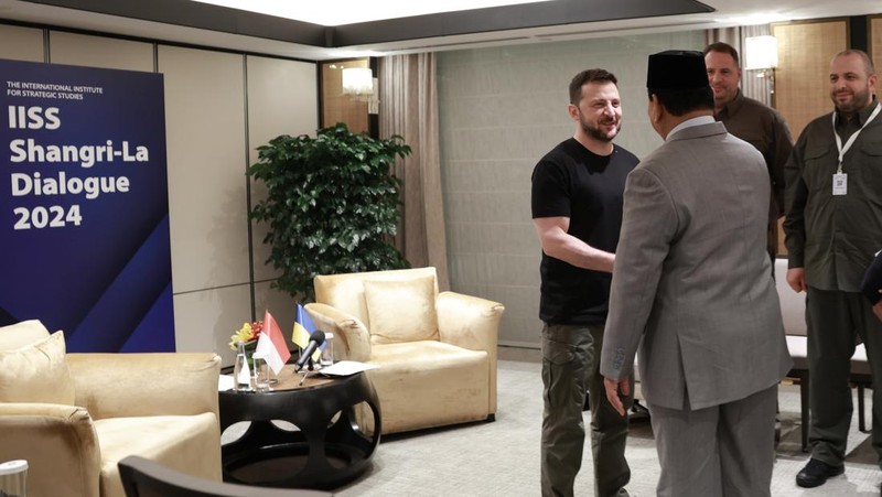 Menteri Pertahanan, Prabowo Subianto bertemu dengan Presiden Ukraina, Volodymyr Zelenskyy, di Singapura, Sabtu (1/6). (Dok Kementerian Pertahanan)