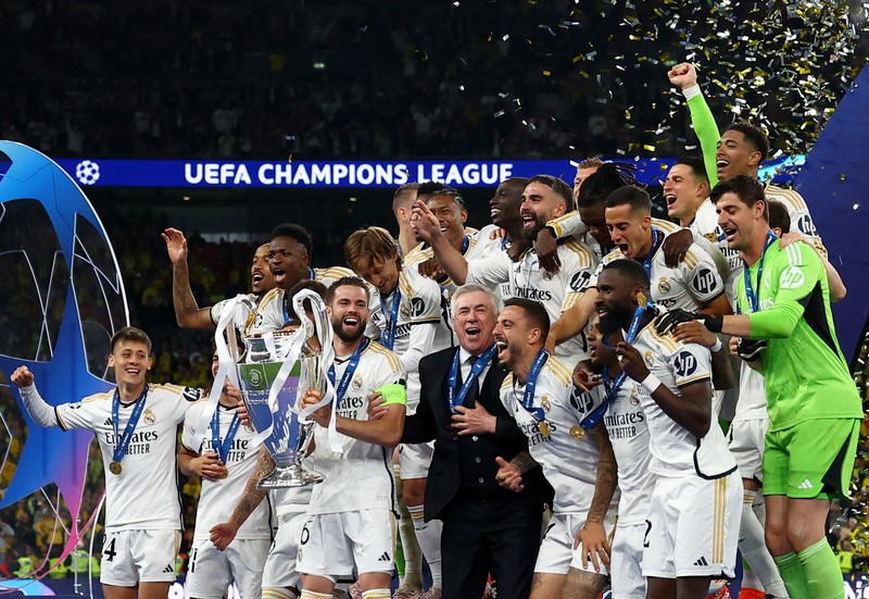 Laga final Liga Championes antara Real Madrid melawan Borussia Dortmund di Stadion Wembley, Inggris, Minggu (2/6/2024) dini hari WIB. (REUTERS/Hannah Mckay) Laga final Liga Championes antara Real Madrid melawan Borussia Dortmund di Stadion Wembley, Inggris, Minggu (2/6/2024) dini hari WIB. (REUTERS/Hannah Mckay)