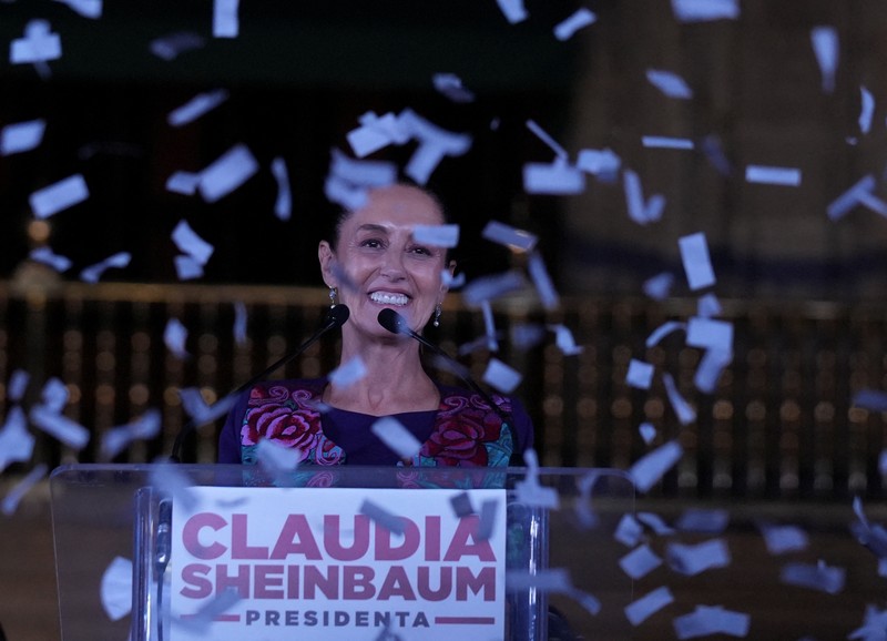 MEXICO-ELECTION/ Presidential candidate of the ruling Morena party Claudia Sheinbaum, reacts while addressing her supporters after winning the presidential election, at Zocalo Square in Mexico City, Mexico June 3, 2024. REUTERS/Alexandre Meneghini