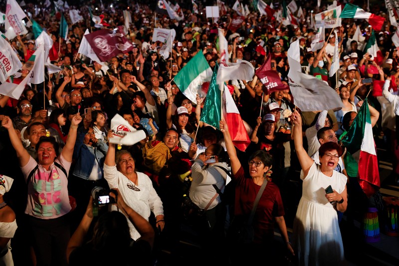MEXICO-ELECTION/ Presidential candidate of the ruling Morena party Claudia Sheinbaum, reacts while addressing her supporters after winning the presidential election, at Zocalo Square in Mexico City, Mexico June 3, 2024. REUTERS/Alexandre Meneghini