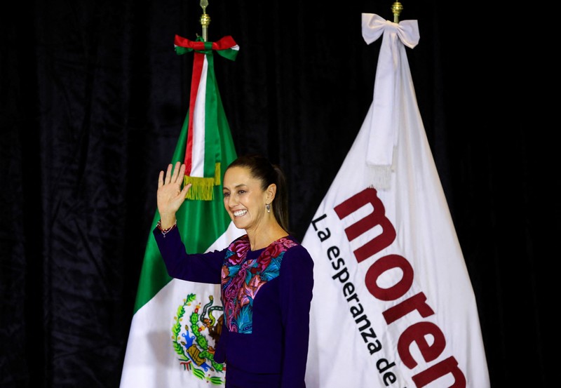 MEXICO-ELECTION/ Presidential candidate of the ruling Morena party Claudia Sheinbaum, reacts while addressing her supporters after winning the presidential election, at Zocalo Square in Mexico City, Mexico June 3, 2024. REUTERS/Alexandre Meneghini