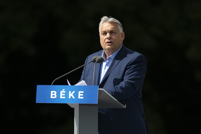 Orang-orang menghadiri rapat umum pro-pemerintah yang diberi nama 'Pawai Perdamaian', seminggu menjelang pemilu di seluruh Uni Eropa, di Budapest, Hongaria, 1 Juni 2024. (REUTERS/Bernadett Szabo)