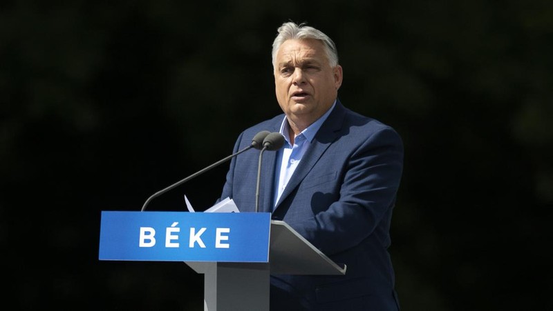 Orang-orang menghadiri rapat umum pro-pemerintah yang diberi nama 'Pawai Perdamaian', seminggu menjelang pemilu di seluruh Uni Eropa, di Budapest, Hongaria, 1 Juni 2024. (REUTERS/Bernadett Szabo)