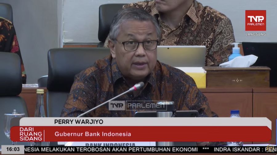 Gubernur Bank Indonesia (BI) Perry Warjiyo saat mengikuti rapat Kerja dengan Badan Anggaran (Banggar) DPR RI pada Selasa, (4/6/2024). (Tangkapan Layar Yotuube Banggar DPR RI)