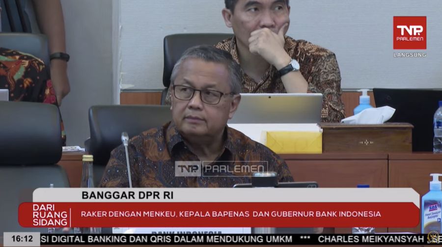 Gubernur Bank Indonesia (BI) Perry Warjiyo saat mengikuti rapat Kerja dengan Badan Anggaran (Banggar) DPR RI pada Selasa, (4/6/2024). (Tangkapan Layar Yotuube Banggar DPR RI)
