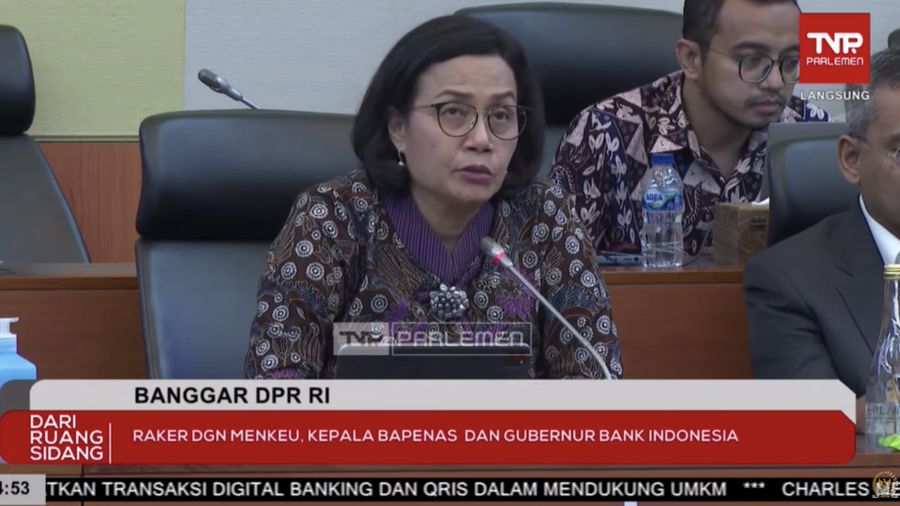 Menteri Keuangan (Menkeu), Sri Mulyani Indrawati saat mengikuti Rapat Kerja dengan Badan Anggaran (Banggar) DPR RI pada Selasa, (4/6/2024). (Tangkapan Layar Yotuube Banggar DPR RI)
