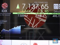 Layar digital pergerakan Indeks Harga Saham Gabungan (IHSG) terpantau hijau pada perdagangan sesi I Selasa (4/6/2024). (CNBC Indonesia/Tri Susilo)