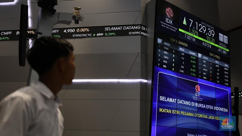 Layar digital pergerakan Indeks Harga Saham Gabungan (IHSG) terpantau hijau pada perdagangan sesi I Selasa (4/6/2024). (վ/Tri Susilo)