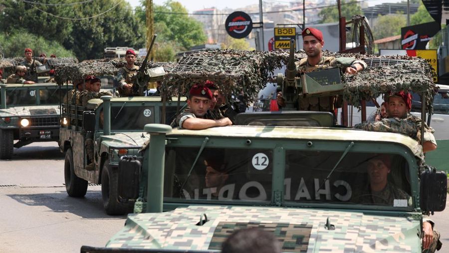 Lebanese army soldiers patrol the area near the U.S. embassy in Awkar, Lebanon June 5, 2024. REUTERS/Mohamed Azakir