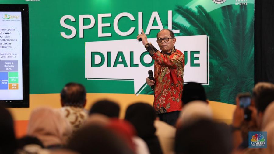 Direktur Eksekutif palm Oil Agribusiness Strategic Policy Institute (PASPI), Tungkot Sipayung saat memberikan pemaparan Special Dialogue APKASINDO di Menara Tendean, Jakarta Selatan, Kamis (6/6/2024). (CNBC Indonesia/Tri Susilo)