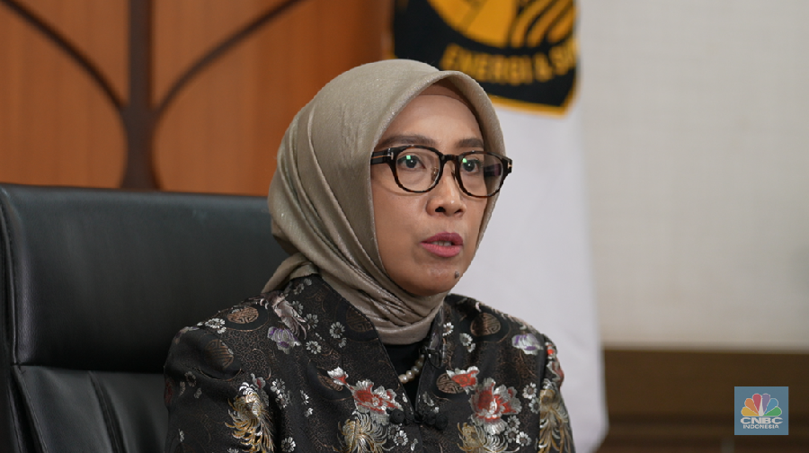 Dirjen EBTKE Kementerian ESDM, Eniya Listiani Dewi saat memberikan keynote speech dalam Special Dialogue APKASINDO di Menara Tendean, Jakarta Selatan, Kamis (6/6/2024). (CNBC Indonesia TV)