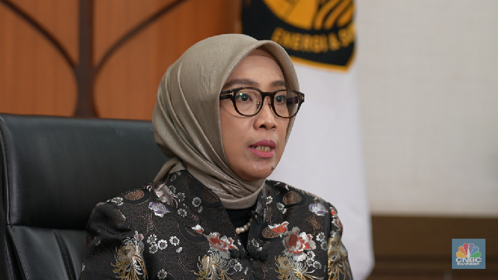 Dirjen EBTKE Kementerian ESDM, Eniya Listiani Dewi saat memberikan keynote speech dalam Special Dialogue APKASINDO di Menara Tendean, Jakarta Selatan, Kamis (6/6/2024). (CNBC Indonesia TV)