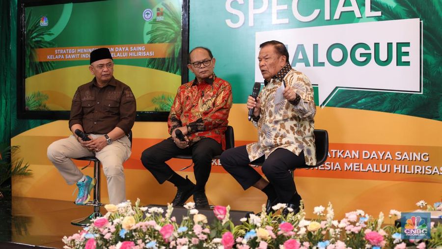 Ketua Umum Dewan Sawit Minyak Indonesia (DMSI), Sahat Sinaga saat memberikan pemaparan dalam Special Dialogue APKASINDO di Menara Tendean, Jakarta Selatan, Kamis (6/6/2024). (CNBC Indonesia/Tri Susilo)
