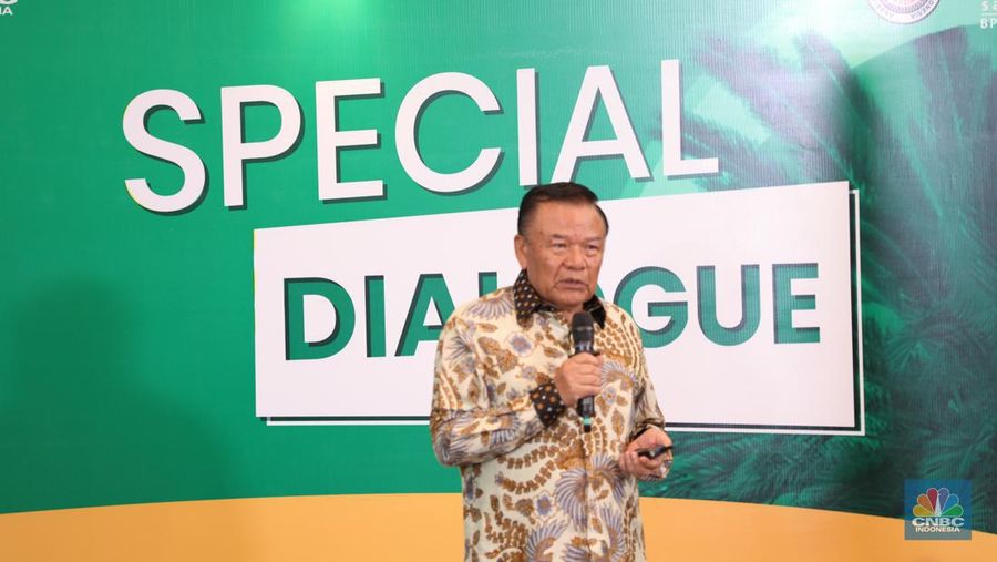 Ketua Umum Dewan Sawit Minyak Indonesia (DMSI), Sahat Sinaga saat memberikan pemaparan dalam Special Dialogue APKASINDO di Menara Tendean, Jakarta Selatan, Kamis (6/6/2024). (CNBC Indonesia/Tri Susilo)