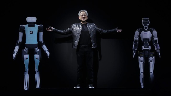Presiden dan CEO Nvidia Corporation Jensen Huang menyampaikan pidato saat pameran Computex 2024 di Taipei, Taiwan, Minggu, 2 Juni 2024. (AP Photo/Chiang Ying-ying)