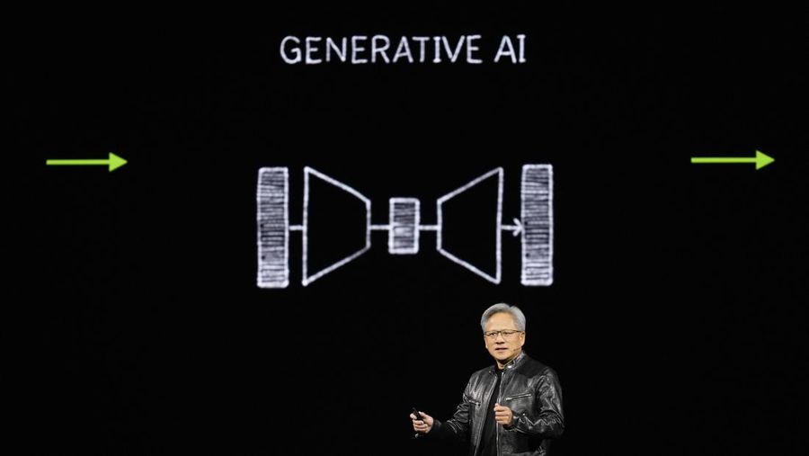 CEO Jensen Huang saat menjadi pembicara utama Nvidia GTC di San Jose, California, Senin, 18 Maret 2024. (AP Photo/Eric Risberg)