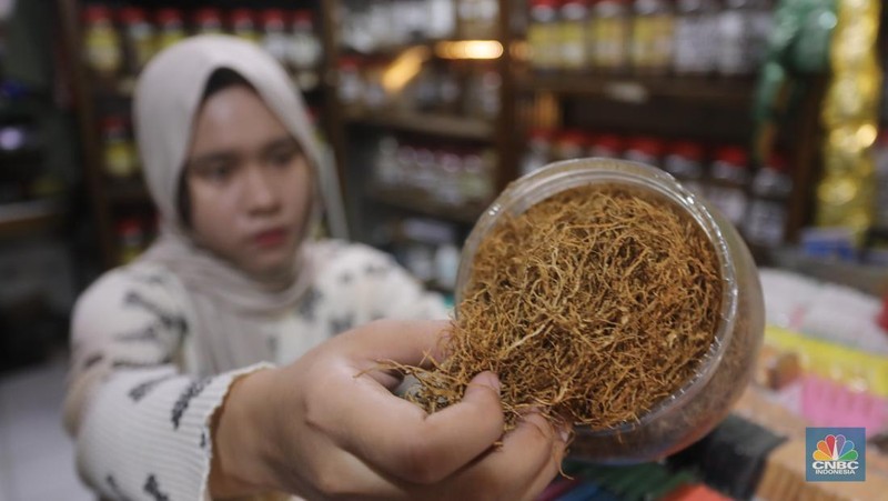Penjual tembakau linting di toko Kedai Tembakau, Jakarta, Kamis (13/6/2024). Usaha tembakau linting yang dirintis sejak 2021 tersebut menjadi alternatif pilihan bagi perokok di kenaikan harga rokok konvensional. (CNBC Indonesia/Faisal Rahman)