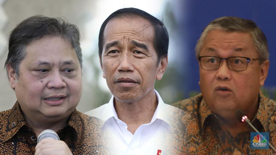Foto kolase Menteri Koordinator Bidang Perekonomian Airlangga Hartarto, Presiden Joko Widodo, Gubernur Bank Indonesia, Perry Warjiyo. (CNBC Indonesia)