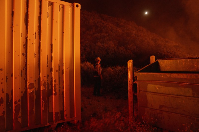 Firefighters work against the advancing Post Fire on Sunday, June 16, 2024, in Gorman, Calif. (AP Photo/Eric Thayer)