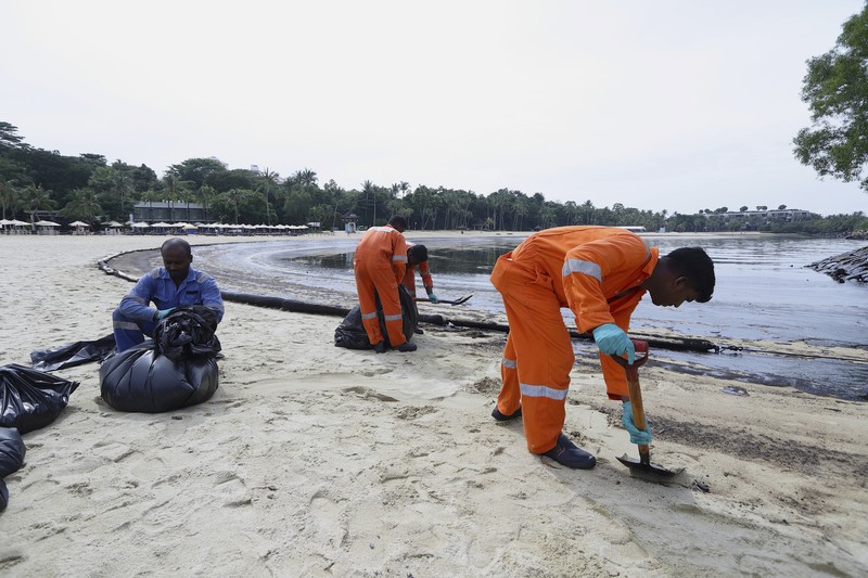 Singapore Oil Spill A general view of oil spill along Sentosa's Tanjong Beach area in Singapore, Sunday, June 16, 2024. (AP Photo/Suhaimi Abdullah)