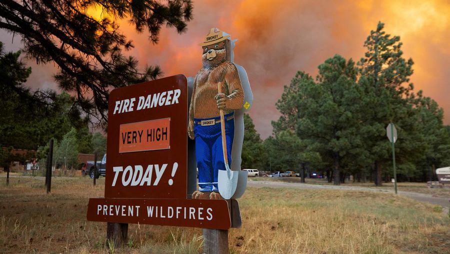 Sebuah helikopter mengambil air dari danau Mescalero saat terjadi kebakaran hutan di New Mexico, Amerika Serikat (AS), Selasa (18/6/2024).  (AP Photo/Andres Leighton)