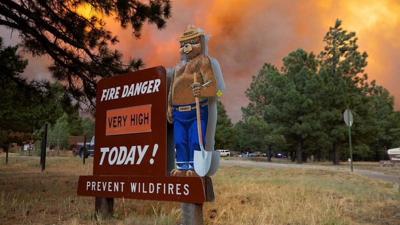 Sebuah helikopter mengambil air dari danau Mescalero saat terjadi kebakaran hutan di New Mexico, Amerika Serikat (AS), Selasa (18/6/2024).  (AP Photo/Andres Leighton)