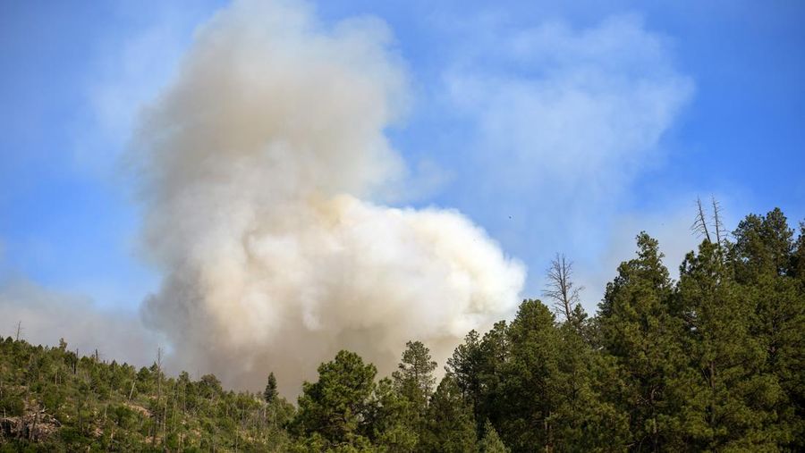 Sebuah helikopter mengambil air dari danau Mescalero saat terjadi kebakaran hutan di New Mexico, Amerika Serikat (AS), Selasa (18/6/2024).  (AP Photo/Andres Leighton)