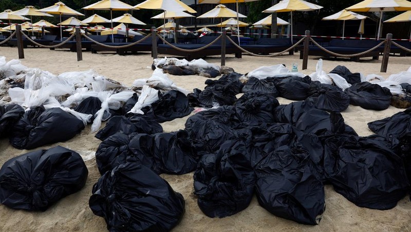 Pembersihan tumpahan minyak di Pantai Tanjong, Sentosa, Singapura, Selasa (18/6/2024). (REUTERS/Edgar Su)