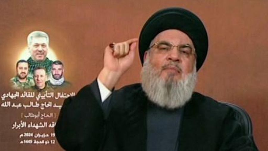 An image grab taken from Hezbollah's al-Manar TV on June 19, 2024, shows Hezbollah chief Hassan Nasrallah giving a televised address from an undisclosed location in Lebanon. Nasrallah on June 19 warned 