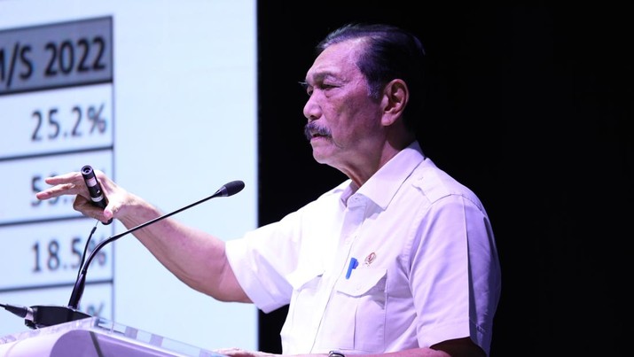 Menteri Koordinator Bidang Kemaritiman dan Investasi (Menko Marves), Luhut Binsar Pandjaitan menyampikan pemaparan saat Keynote Speech dalam acara MINDialogue Mining Outlook 2024 di Jakarta, Kamis (20/6/2024). (CNBC Indonesia/Tri Susilo)