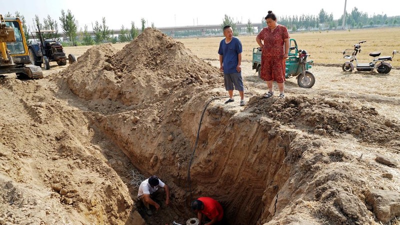 Pemandangan drone menunjukkan para petani menyiram ladang dengan jagung yang baru ditanam, di tengah peringatan oranye akan gelombang panas di wilayah yang dilanda kekeringan, di Jinan, provinsi Shandong, Tiongkok, 20 Juni 2024. (REUTERS/Xihao Jiang)