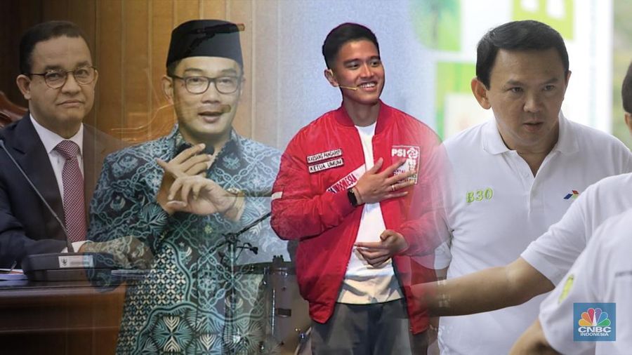 Foto kolase Anies Basweda, Ridwan Kamil, Kaesang, Ahok. (CNBC Indonesia)