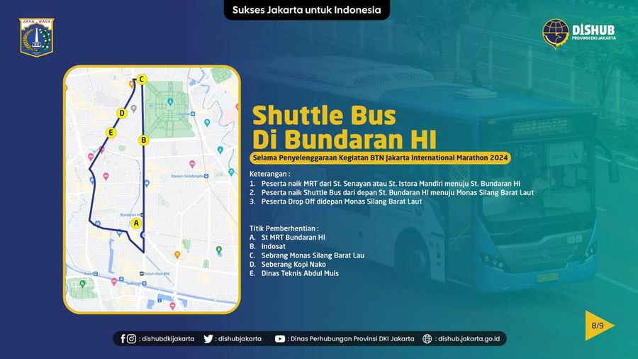 Dishub DKI Jakarta menyediakan layanan Shuttle Bus menuju lokasi BTN Jakarta International Marathon 2024 serta lokasi parkir kendaraan. (Dok: Dinas Perhubungan DKI Jakarta)
