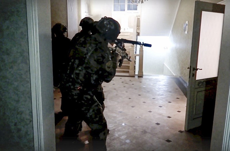 A view shows a shooting scene on the street of Makhachkala, Dagestan, in southern Russia, June 23, 2024, in this still image obtained from a video.  VIDEO OBTAINED BY REUTERS/via REUTERS  THIS IMAGE HAS BEEN SUPPLIED BY A THIRD PARTY. MANDATORY CREDIT. NO RESALES. NO ARCHIVES.