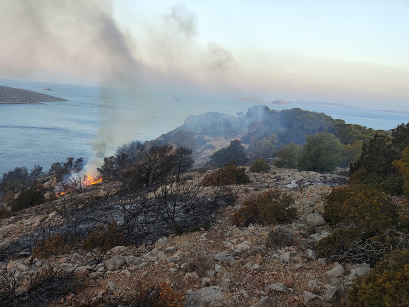 Pemandangan umum kebakaran hutan di Pulau Hydra, Yunani 21 Juni 2024. Pemandangan umum kebakaran hutan di Pulau Hydra, Yunani 21 Juni 2024. (Volunteer fire station of Hydra/Handout via REUTERS)