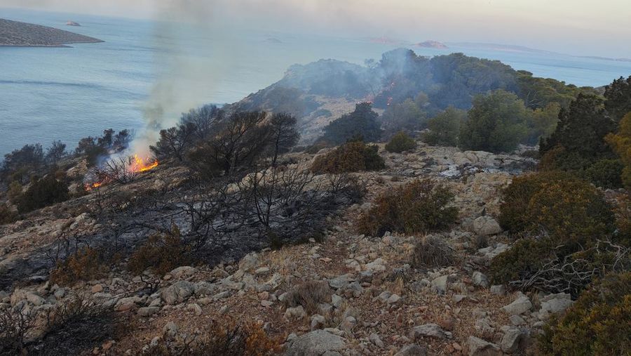 Pemandangan umum kebakaran hutan di Pulau Hydra, Yunani 21 Juni 2024. (Volunteer fire station of Hydra/Handout via REUTERS)