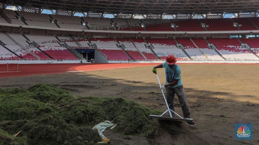 Pekerja melakukan pembongkaran rumput lapangan di Stadion Utama Gelora Bung Karno (SUGBK), Senayan, Jakarta, Rabu (26/6/2024).  (CNBC Indonesia/Faisal Rahman)