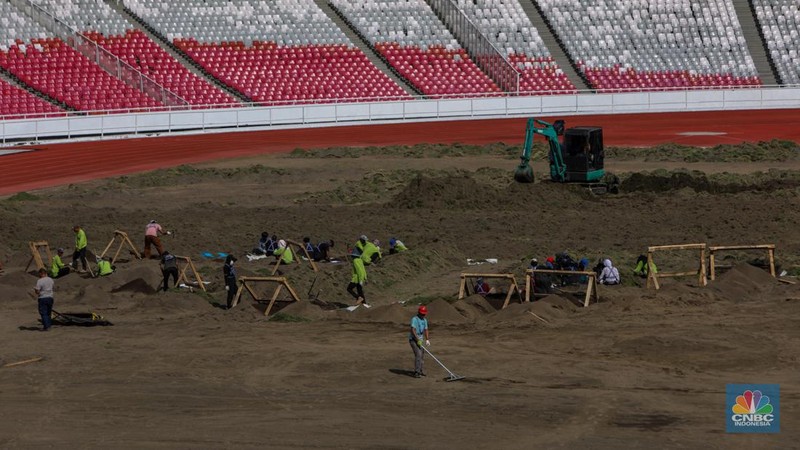 Pekerja melakukan pembongkaran rumput lapangan di Stadion Utama Gelora Bung Karno (SUGBK), Senayan, Jakarta, Rabu (26/6/2024).  (CNBC Indonesia/Faisal Rahman)