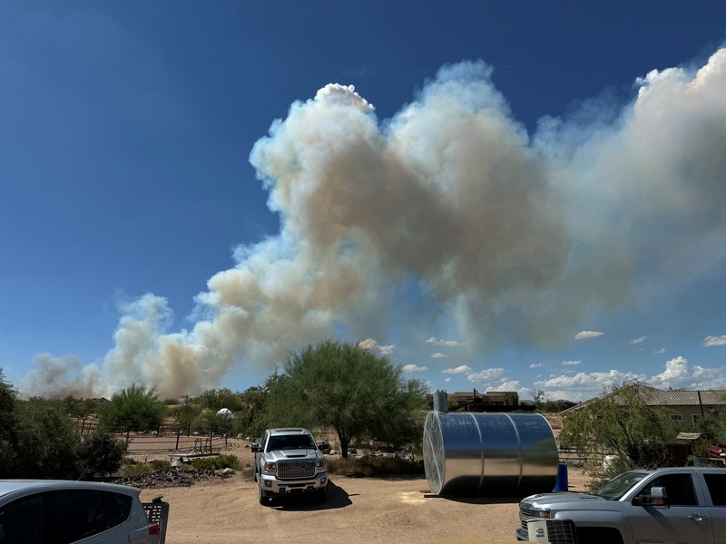 Kondisi ladang Boulder View Fire dekat pemukiman warga yang terbakar di Scottsdale, Maricopa County, Arizona, Amerika Serikat (AS), Jumat (28/6/2024). (REUTERS/Go Nakamura)