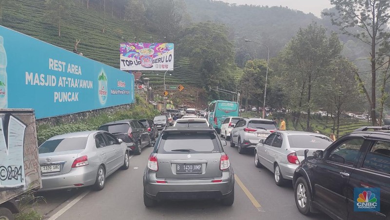 Kendaraan terjebak macet di Jalan Raya Puncak, Cisarua, Kabupaten Bogor, Jawa Barat, Minggu (30/6/2024). (CNBC Indonesia/Sefti Oktarianisa)