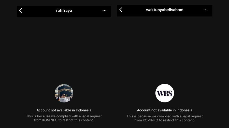 Akun pribadi maupun komunitas @waktunyabelisaham milik influencer Ahmad Rafif Raya terpantau telah diblokir oleh Kementerian Komunikasi dan Informatika RI (Kominfo) buntut kasus gagal kelola dana Rp71 miliar milik masyarakat. (Tangkapan Layar Instagram @waktunyabelisaham dan @Ahmad Rafif Raya)