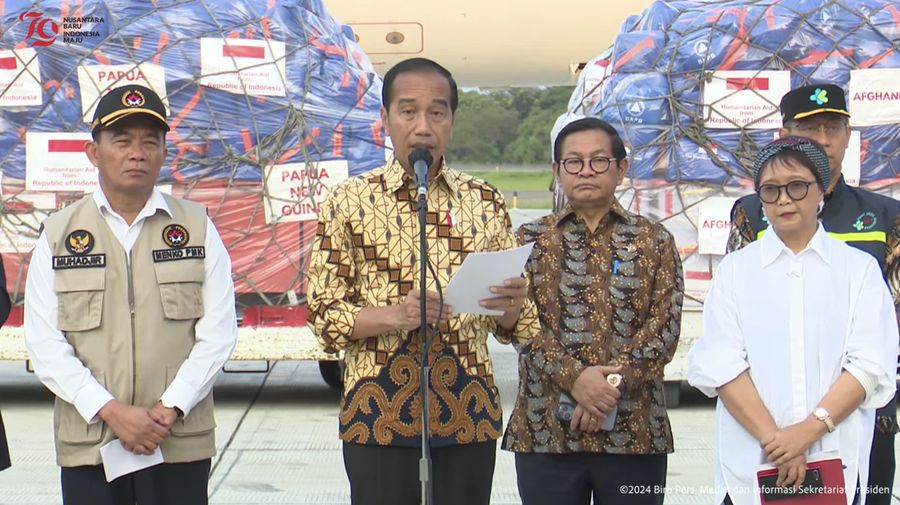 Pernyataan Presiden RI Lepas Bantuan Kemanusiaan Untuk Papua Nugini & Afganistan, Senin (8/7/2024). (Tangkapan Layar Youtube Sekretariat Presiden)