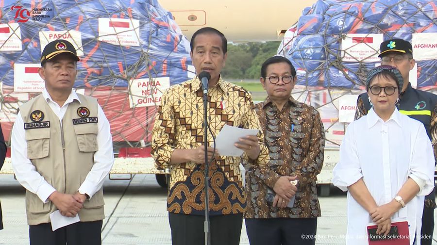Pernyataan Presiden RI Lepas Bantuan Kemanusiaan Untuk Papua Nugini & Afganistan, Senin (8/7/2024). (Tangkapan Layar Youtube Sekretariat Presiden)