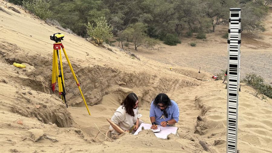 Sebuah tim arkeolog sedang mengerjakan apa yang tampak seperti bagian dari kuil upacara berusia 4.000 tahun yang terkubur di bukit pasir di Peru utara, di Lambayeque, Peru, dalam gambar yang diperoleh Reuters pada 5 Juli 2024. (Tangkapan Layar Video Reuters)